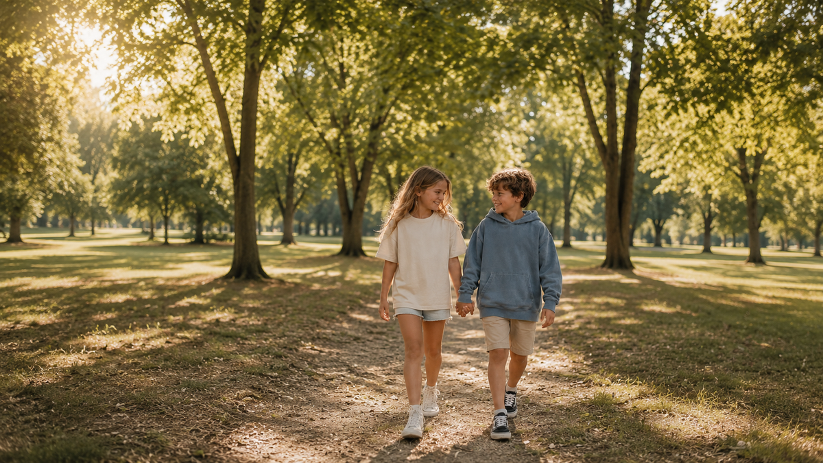 Two children walking hand in hand along a lakeside path during a calm day, wearing casual light-colored clothing.