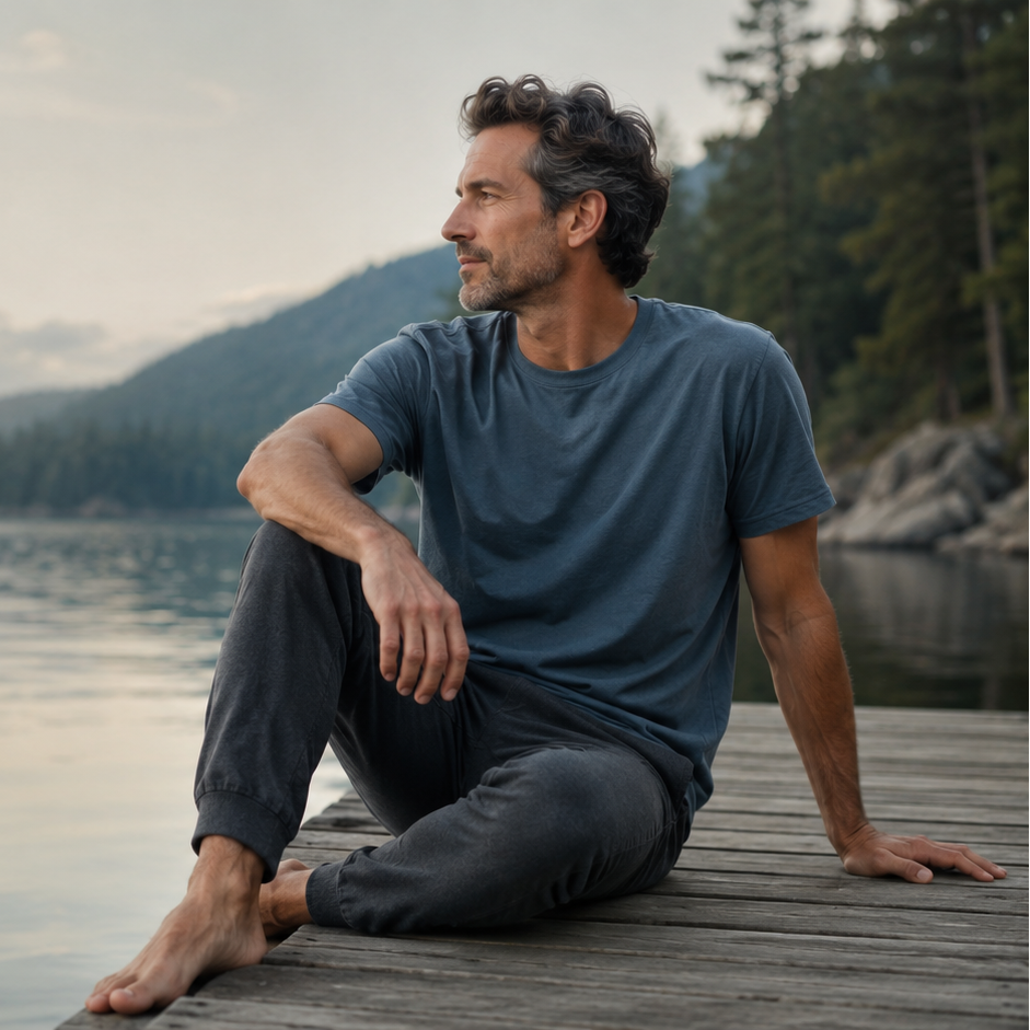 A man sits barefoot on a wooden dock by a calm lake, wearing a blue-gray t-shirt and dark pants, with mountains and trees in the background.