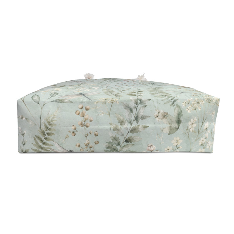 Botanical Fern Weekender Bag flat lay, full fern and wildflower print detail