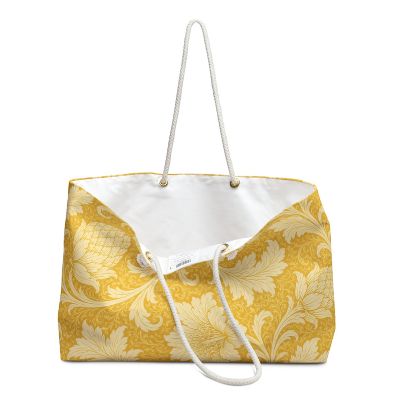 Golden Baroque Weekender Bag – close-up detail of the damask print and structured T-bottom