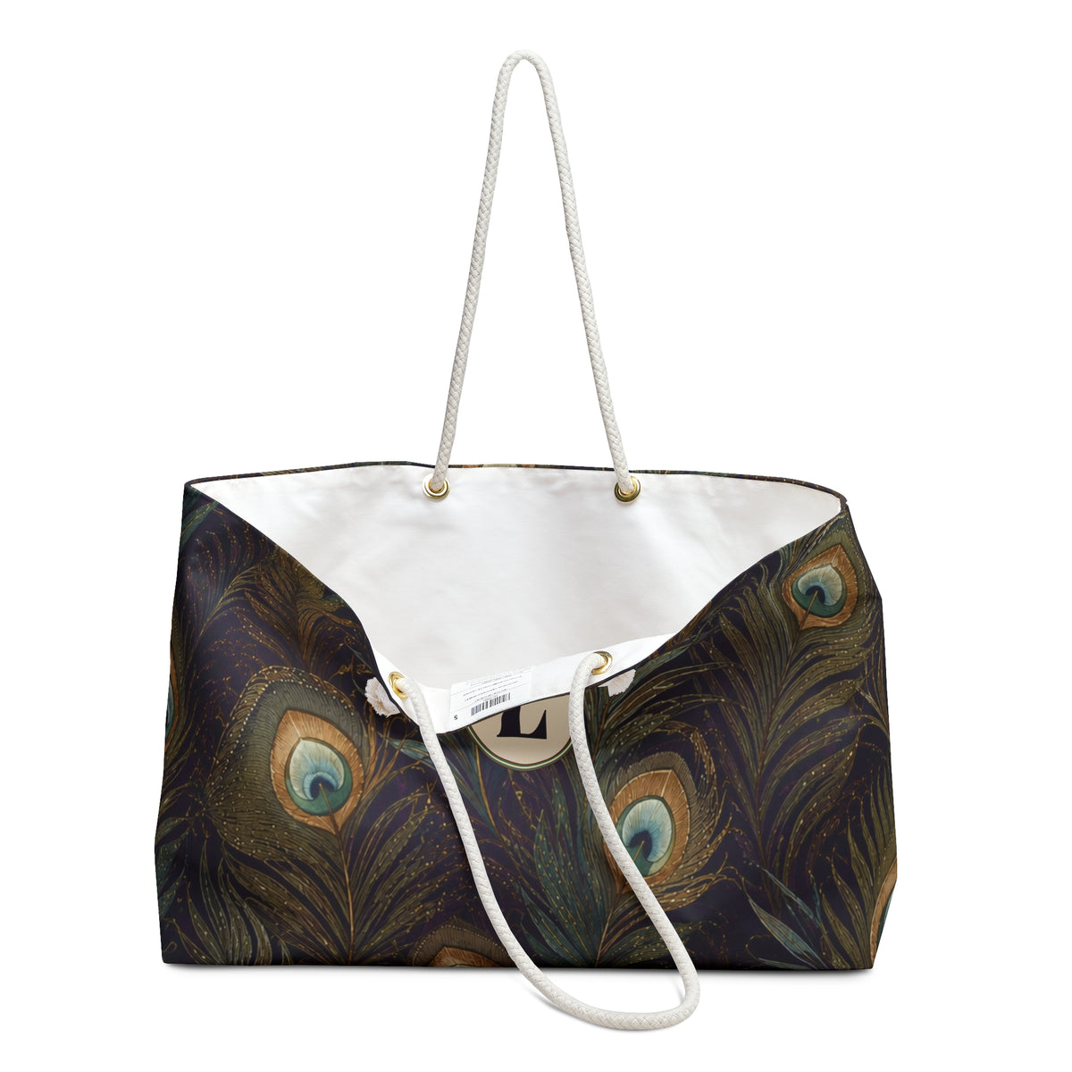 Close-up of the personalized "L" monogram on the Peacock Feather Monogram Weekender Bag