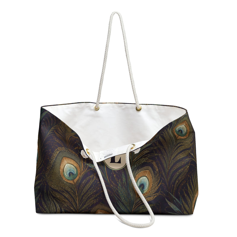 Close-up of the personalized "L" monogram on the Peacock Feather Monogram Weekender Bag