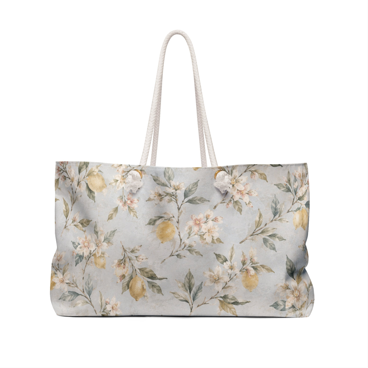 Lemon Blossom Weekender Bag — angled view showing cream rope handles and gold-tone grommets