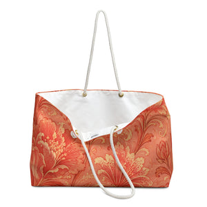 Coral Baroque Weekender Bag — close-up of the fabric print and hardware detail, painterly coral-and-peach floral swirl print