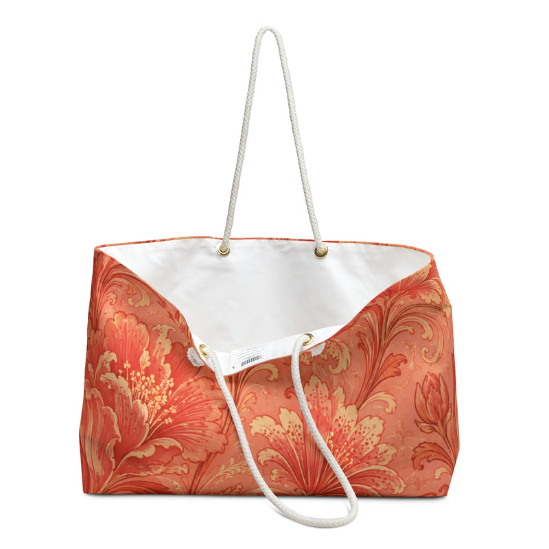Coral Baroque Weekender Bag — close-up of the fabric print and hardware detail, painterly coral-and-peach floral swirl print