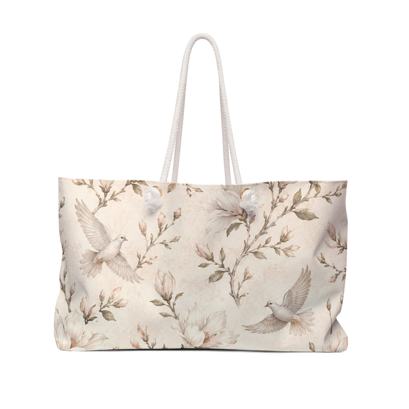 Floral Dove Weekender Bag in neutral botanical print — front view