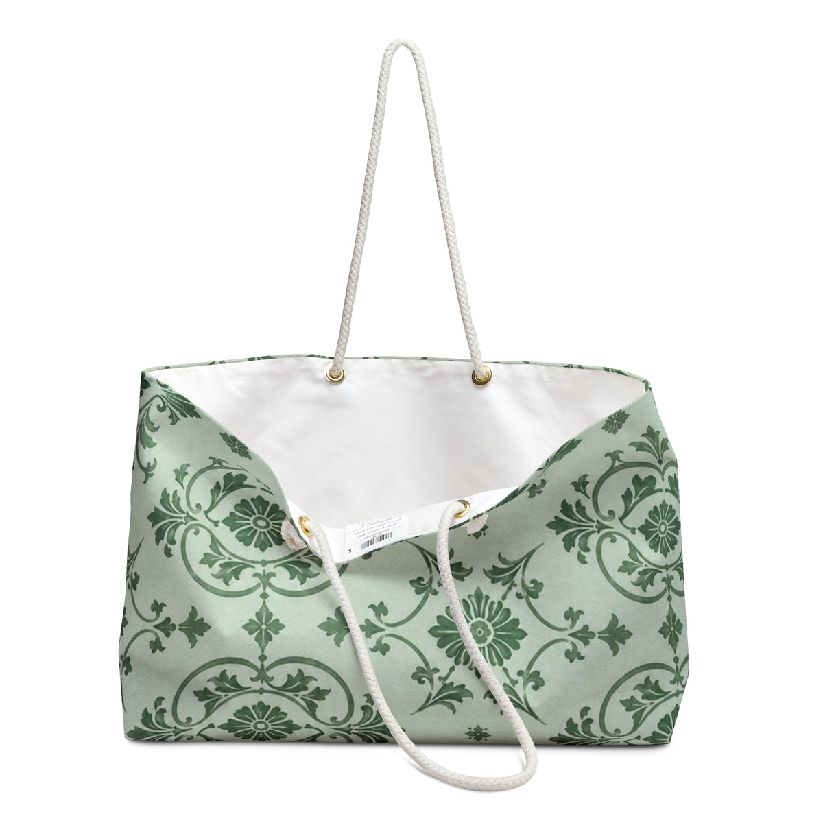 Green Damask Weekender Bag – close-up detail of the mint-green damask print and structured T-bottom
