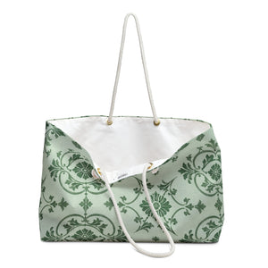 Green Damask Weekender Bag – close-up detail of the mint-green damask print and structured T-bottom