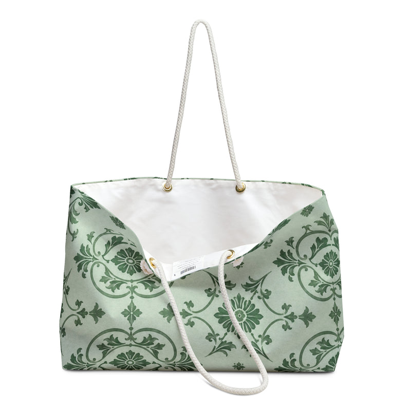 Green Damask Weekender Bag – close-up detail of the mint-green damask print and structured T-bottom