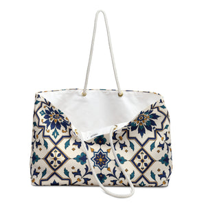 Moroccan Tile Weekender Bag (Blue & Teal) – close-up detail of the tiled floral print and structured T-bottom