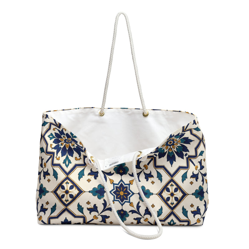 Moroccan Tile Weekender Bag (Blue & Teal) – close-up detail of the tiled floral print and structured T-bottom