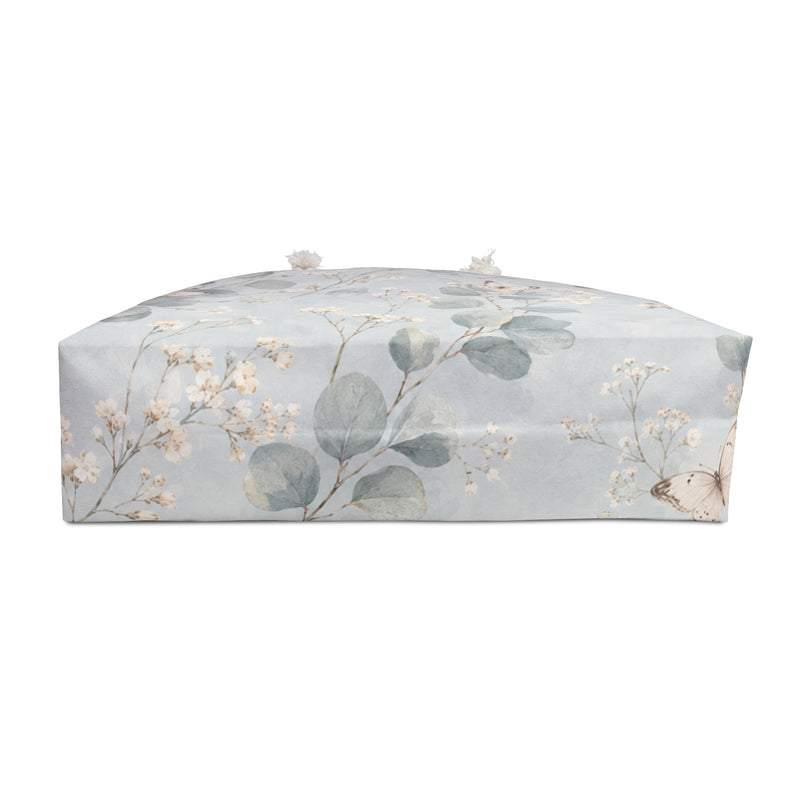 Floral Eucalyptus Weekender Bag flat lay, full eucalyptus print detail