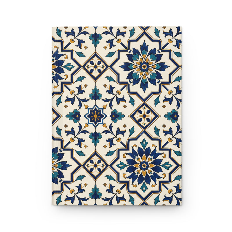 Blue Floral Tile Hardcover Journal, front cover, closed on a flat surface