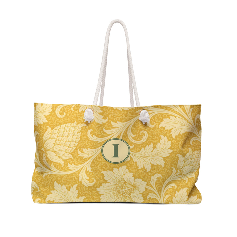 Monogrammed "I" Yellow Damask Weekender Bag – front view showing the sun-warm yellow damask print