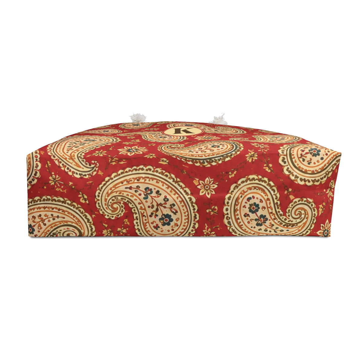 Paisley Monogram Weekender Bag shown flat, highlighting the structured T-bottom and cream lining