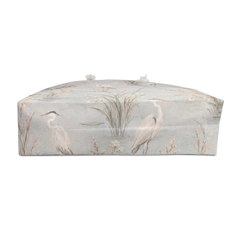 Heron Marsh Weekender Bag flat lay, full heron and marsh-grass print detail