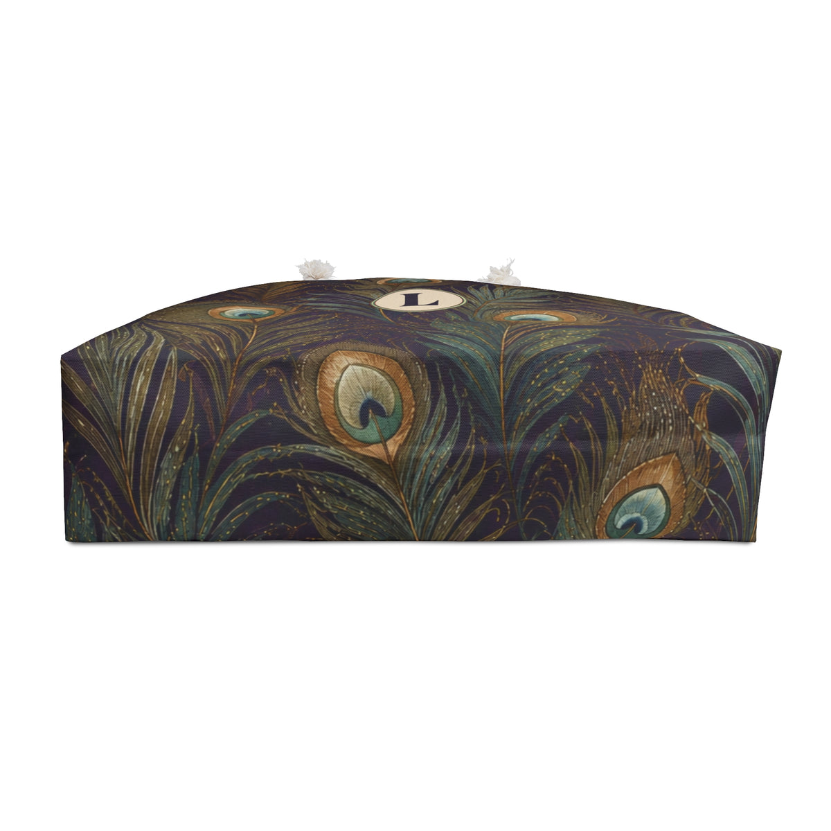 Peacock Feather Monogram Weekender Bag shown flat, highlighting the open-standing T-bottom