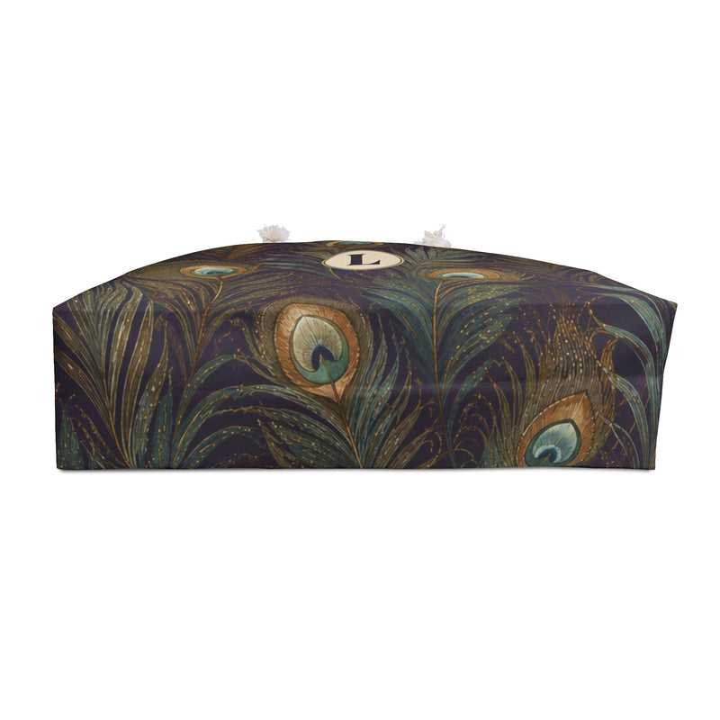 Peacock Feather Monogram Weekender Bag shown flat, highlighting the open-standing T-bottom
