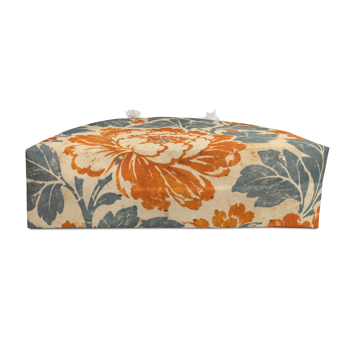 Floral Weekender Bag Vintage Orange Teal — interior lining view with the bag partially open, rust-orange and teal vintage floral print