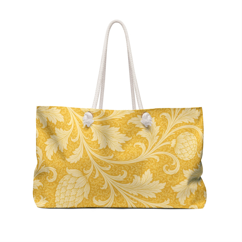Golden Baroque Weekender Bag – side view highlighting the cream cotton rope handles and gold-tone grommets