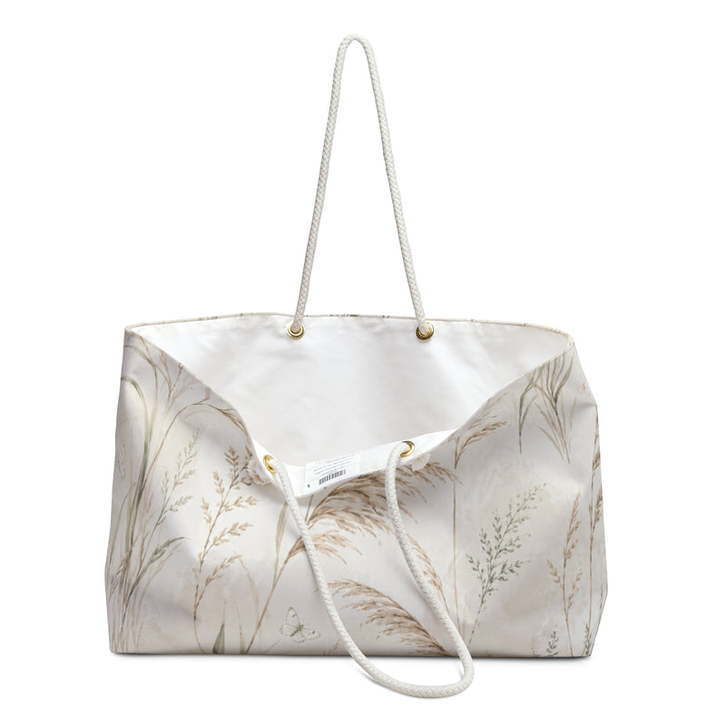 Botanical Weekender Bag styled for travel, showing the oversized T-bottom silhouette