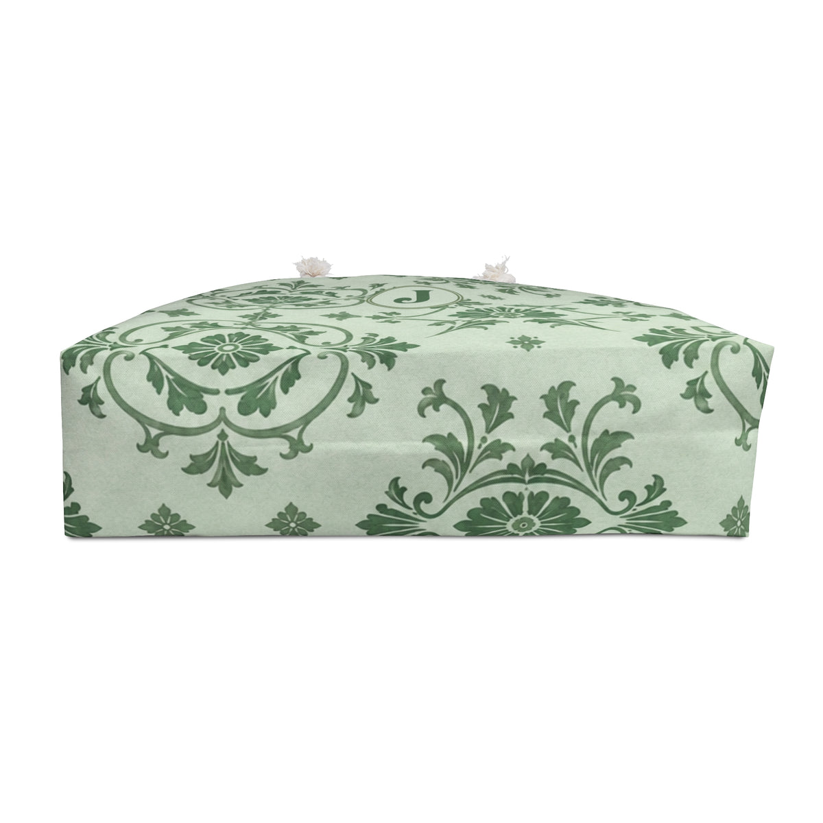 Monogrammed "J" Green Damask Weekender Bag – interior view showing the cream cotton-blend lining