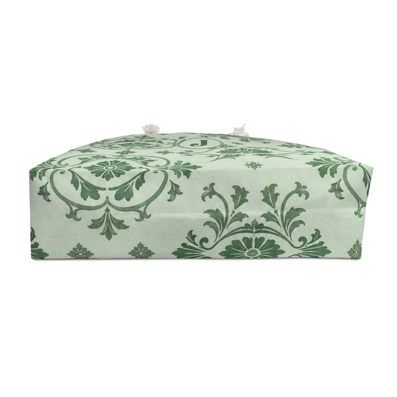 Monogrammed "J" Green Damask Weekender Bag – interior view showing the cream cotton-blend lining