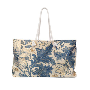 Floral Vintage Blue Weekender Bag — front view showing the full exterior print, painterly indigo-blue and cream floral print