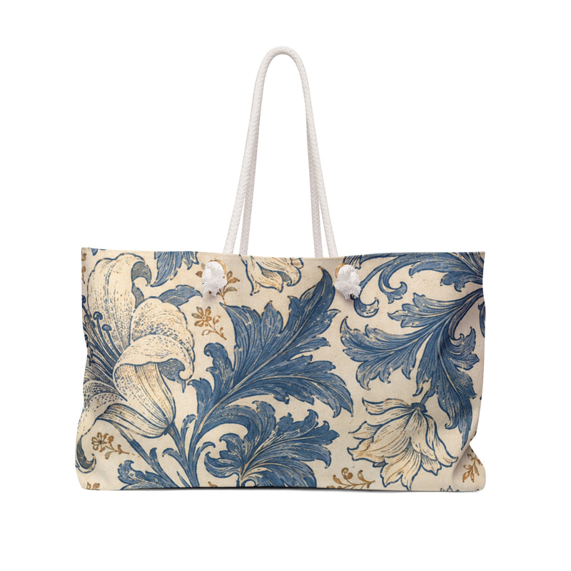 Floral Vintage Blue Weekender Bag — front view showing the full exterior print, painterly indigo-blue and cream floral print