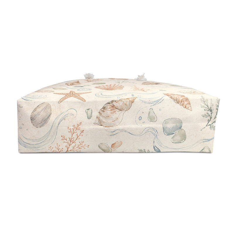 Seaside Shell Weekender Bag flat lay, full shell and starfish print detail