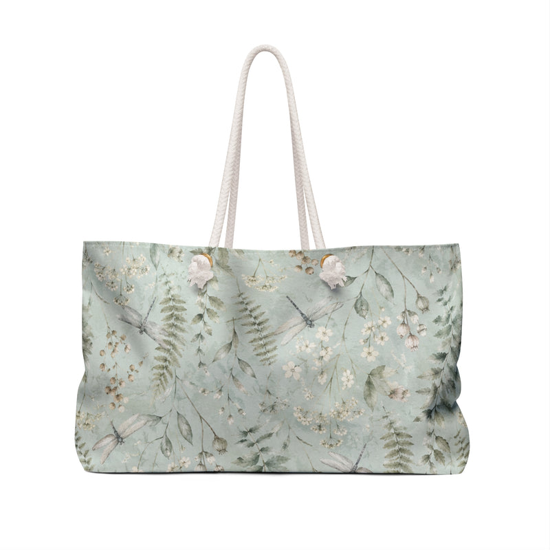 Botanical Fern Weekender Bag — angled view showing cream rope handles and gold-color grommets