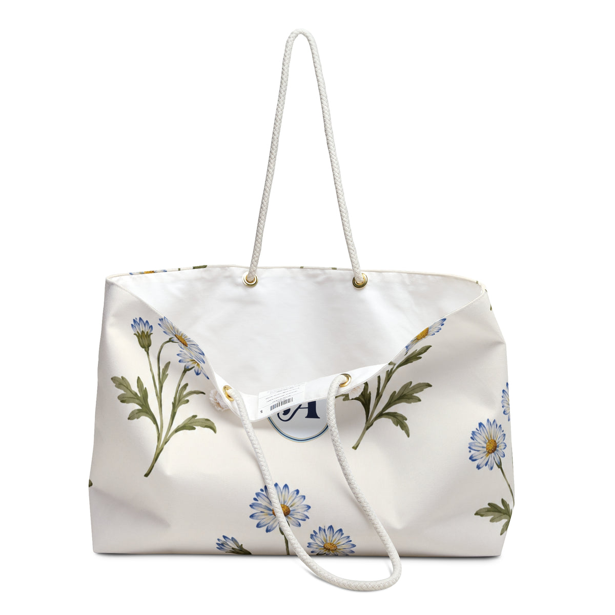 Monogram A Daisy Weekender Bag — close-up of the fabric print and hardware detail, soft blue daisy print on cream canvas