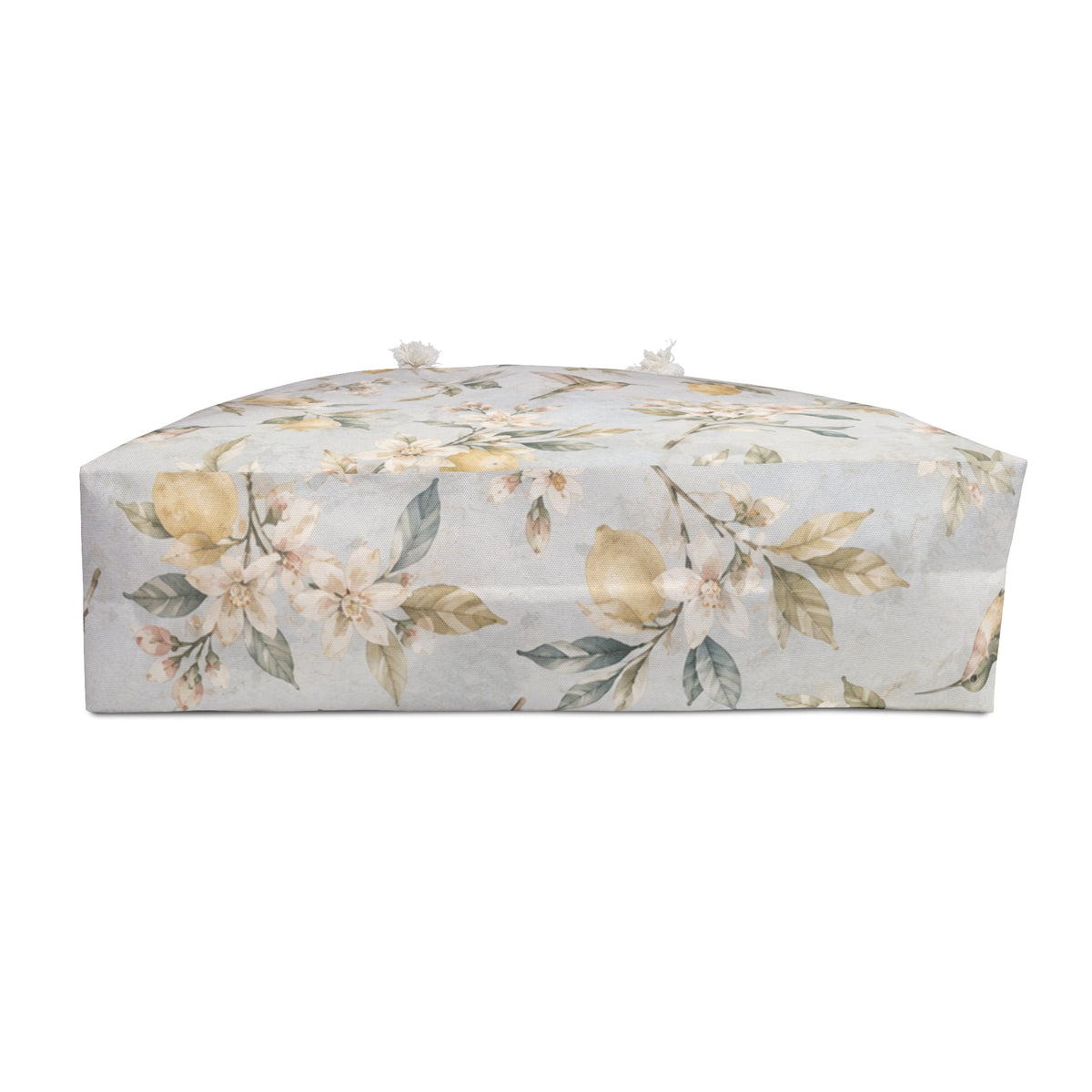 Lemon Blossom Weekender Bag flat lay, full lemon blossom and hummingbird print detail