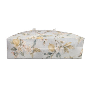 Lemon Blossom Weekender Bag flat lay, full lemon blossom and hummingbird print detail