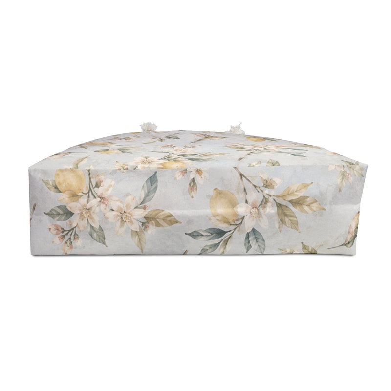 Lemon Blossom Weekender Bag flat lay, full lemon blossom and hummingbird print detail