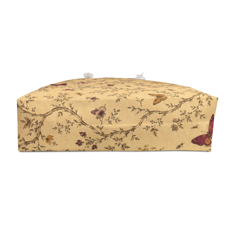 Butterfly Floral Weekender Bag shown flat, highlighting the roomy T-bottom and cream cotton-blend lining