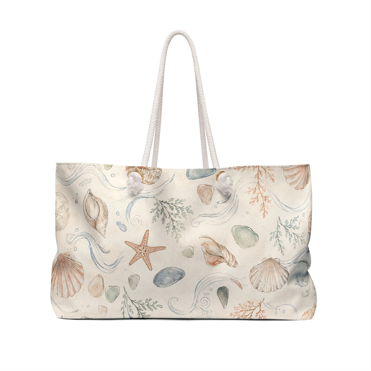 Seaside Shell Weekender Bag — angled view showing cream rope handles and gold-color grommets