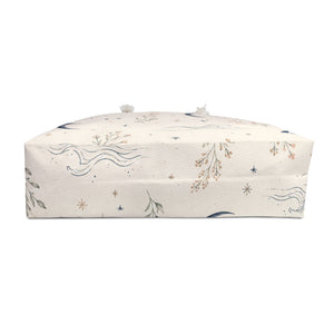 Celestial Moon & Wildflower Weekender Bag flat lay, full moon and wildflower print detail