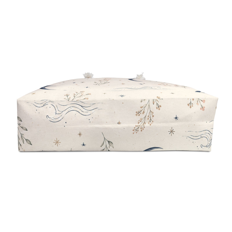 Celestial Moon & Wildflower Weekender Bag flat lay, full moon and wildflower print detail