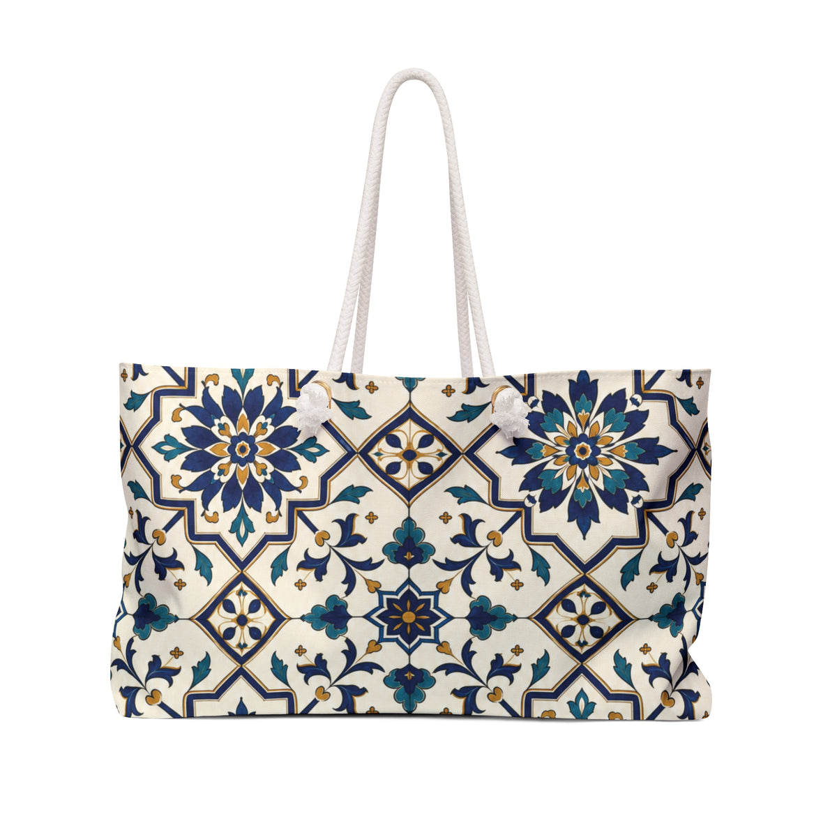 Moroccan Tile Weekender Bag (Blue & Teal) – front view showing the navy, teal, and gold tiled floral print