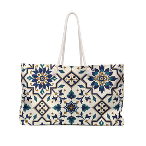 Moroccan Tile Weekender Bag (Blue & Teal) – front view showing the navy, teal, and gold tiled floral print