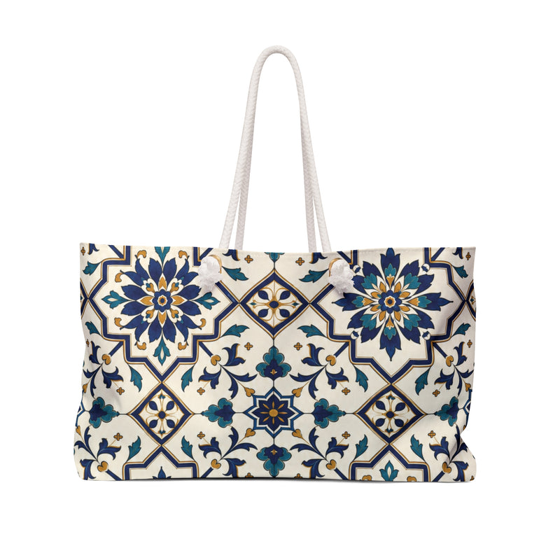 Moroccan Tile Weekender Bag (Blue & Teal) – front view showing the navy, teal, and gold tiled floral print