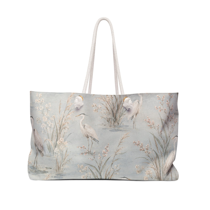 Heron Marsh Weekender Bag in coastal watercolor print — front view