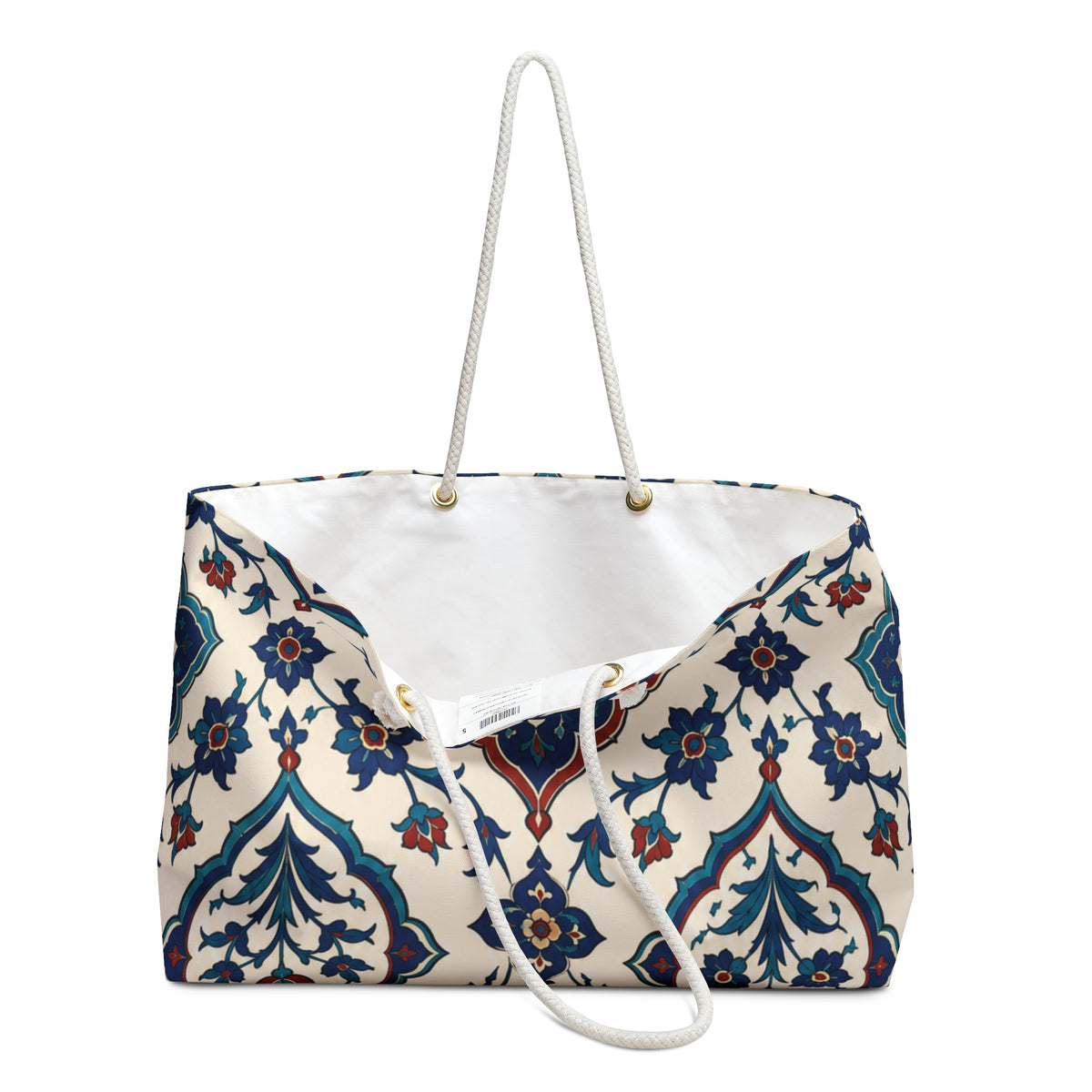 Monogrammed "H" Azulejo Weekender Bag – close-up detail of the monogrammed "H" on the azulejo tile print