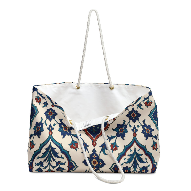 Monogrammed "H" Azulejo Weekender Bag – close-up detail of the monogrammed "H" on the azulejo tile print