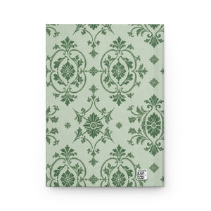 Sage Damask Hardcover Journal opened flat, showing lined interior pages