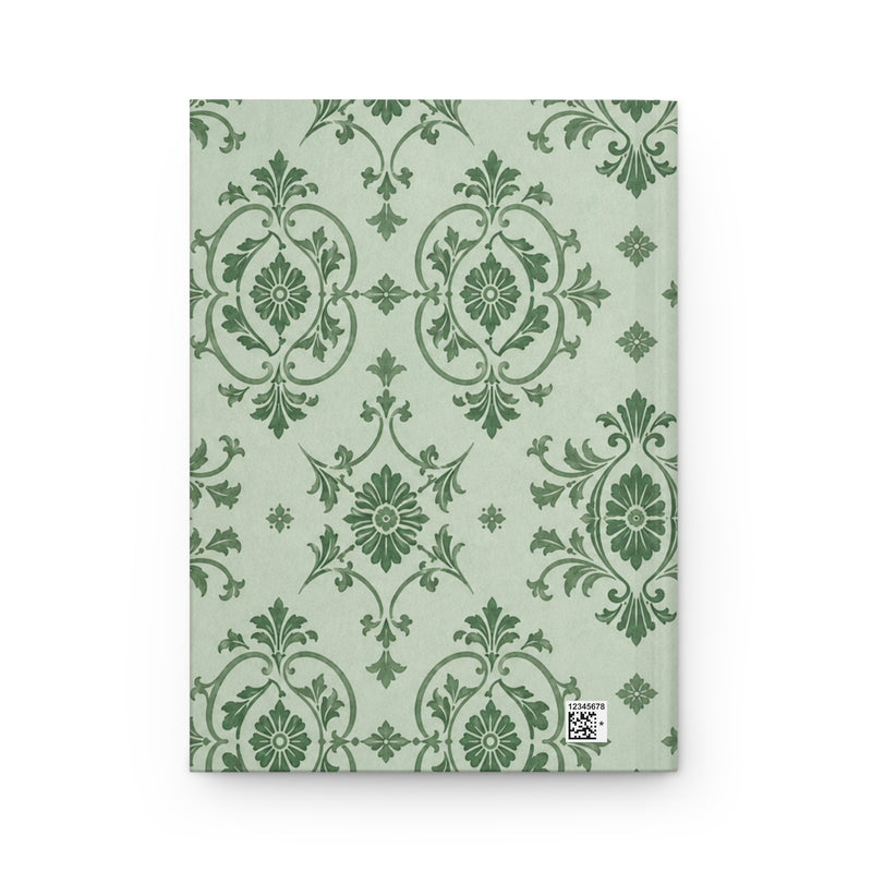 Sage Damask Hardcover Journal opened flat, showing lined interior pages
