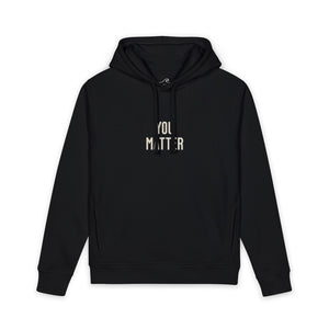 You Matter Hoodie in Black, back view on model
