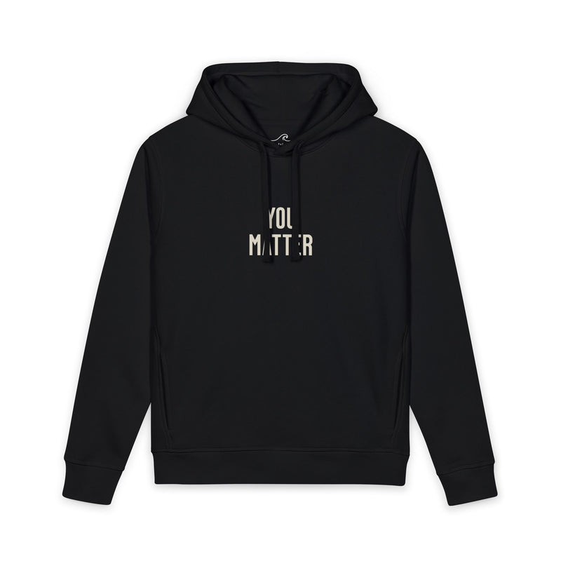 You Matter Hoodie in Black, back view on model