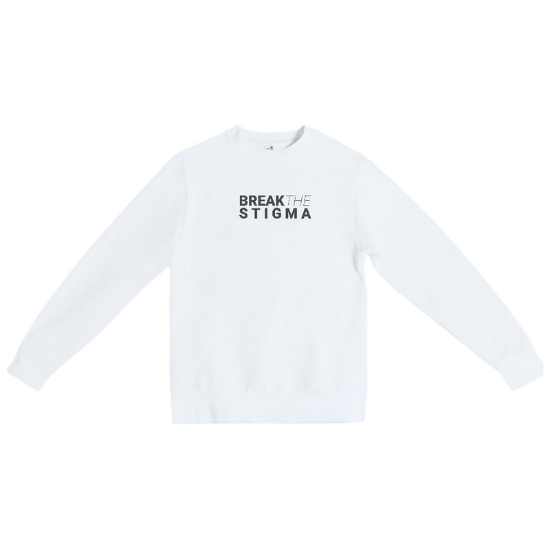 Break The Stigma Crewneck Sweatshirt in Black, worn by a model, front view